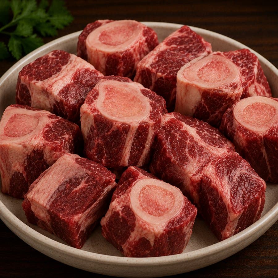 Bone-in halal beef soup pieces with visible marrow