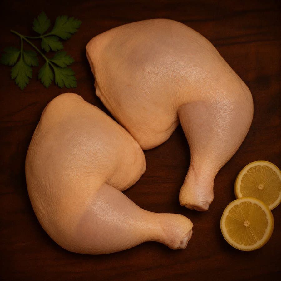 Halal chicken leg quarters, thigh and drumstick attached