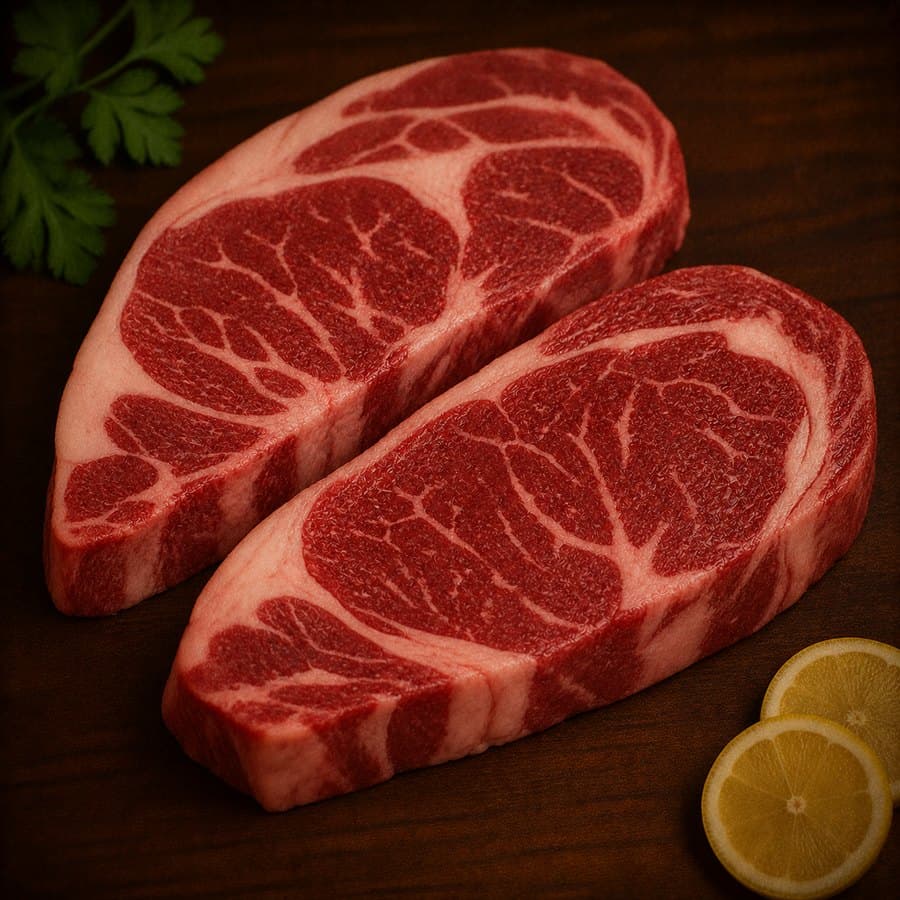 Two thick-cut halal ribeye steaks with heavy marbling