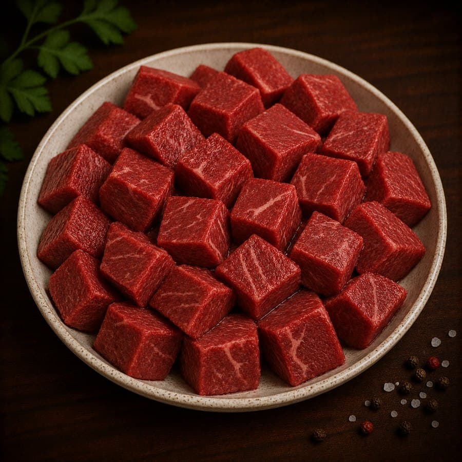 Halal beef diced into even cubes for stew