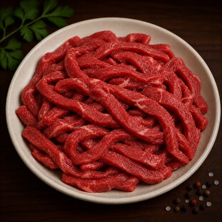 Halal beef sliced into thin strips for stir-fry