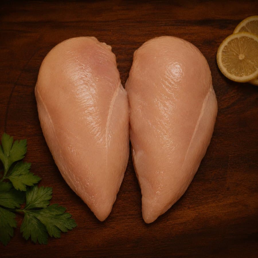 Two boneless, skinless halal chicken breast fillets