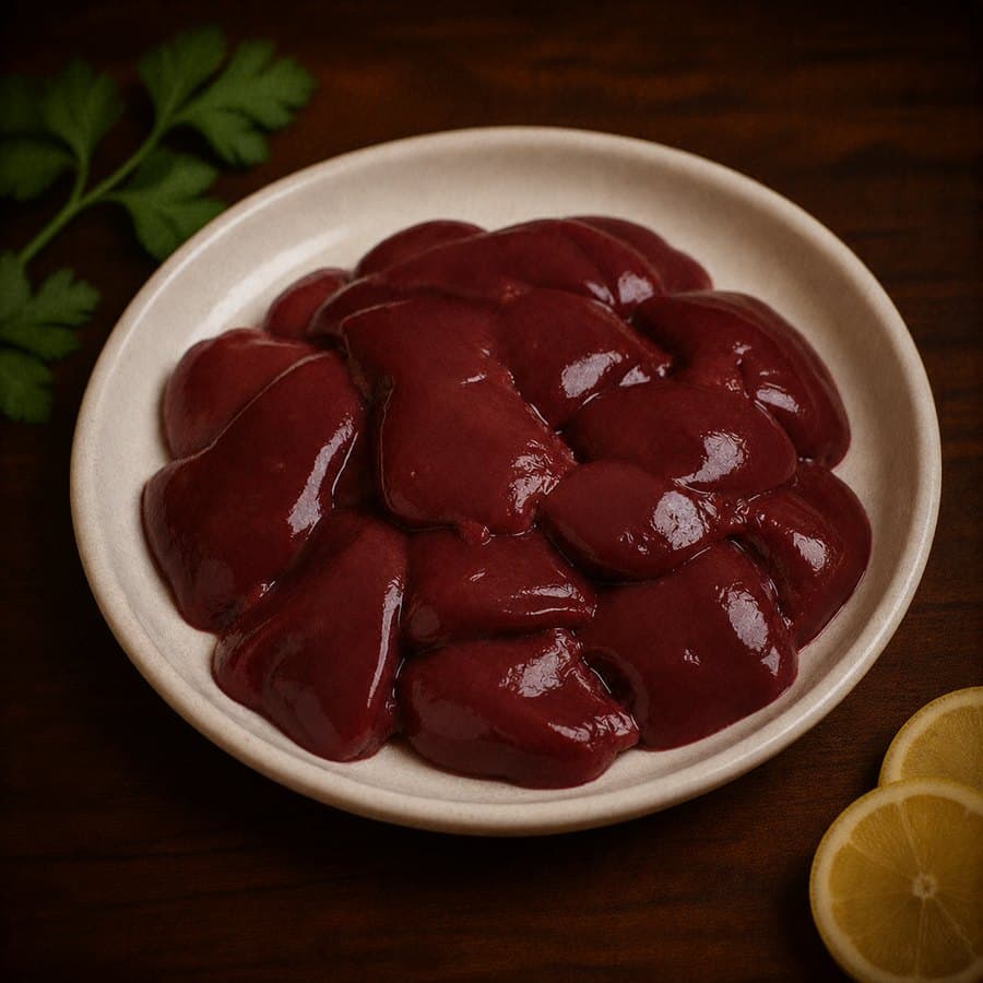 Fresh halal chicken livers in a shallow dish