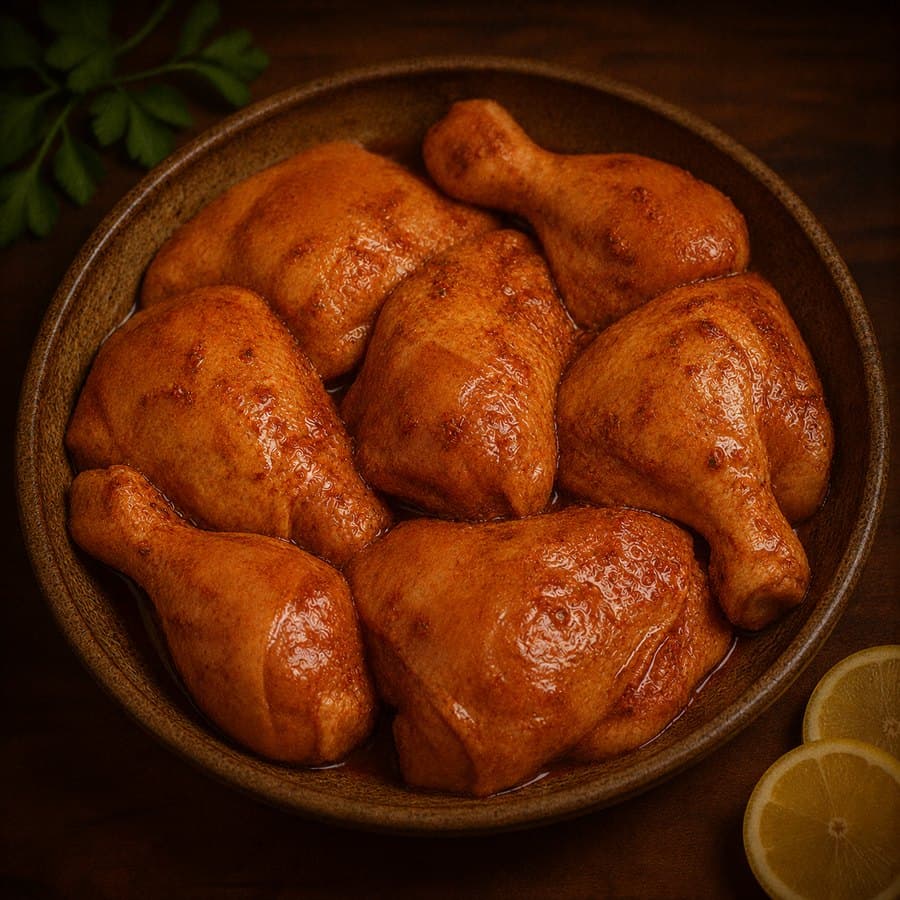 Halal chicken pieces in a red spice marinade