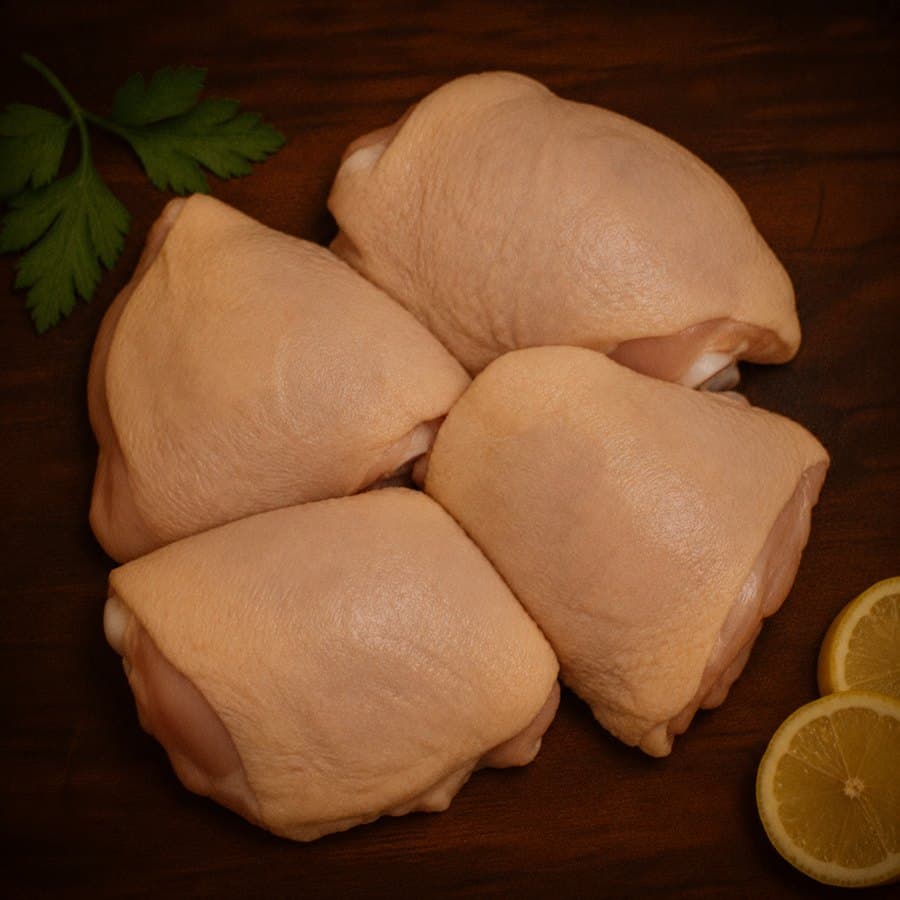 Bone-in halal chicken thighs with the skin on