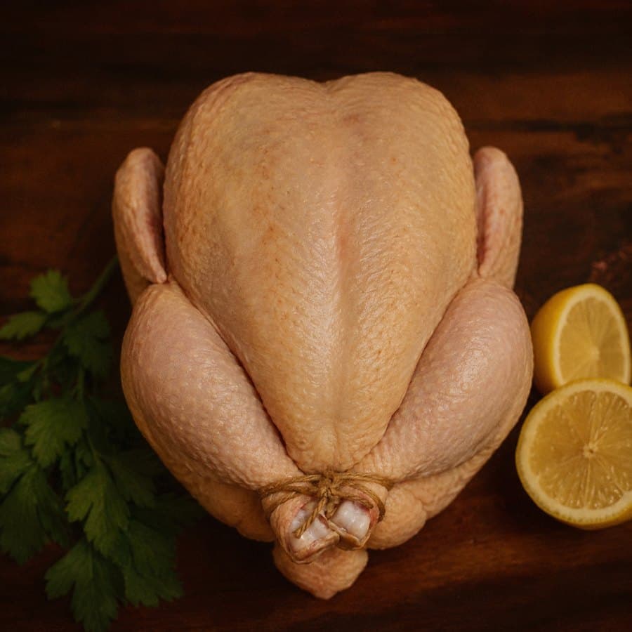 Whole organic halal chicken, trussed and ready to roast