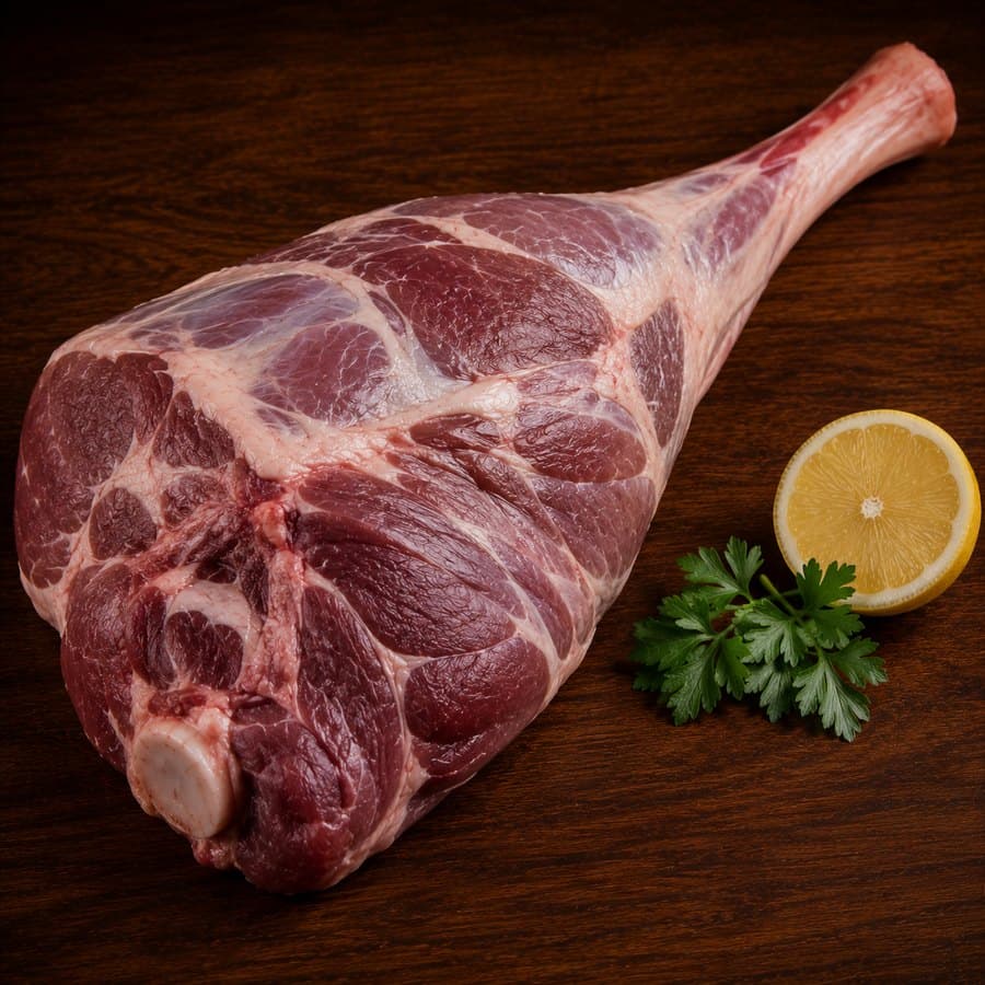 Bone-in halal lamb leg with the shank attached