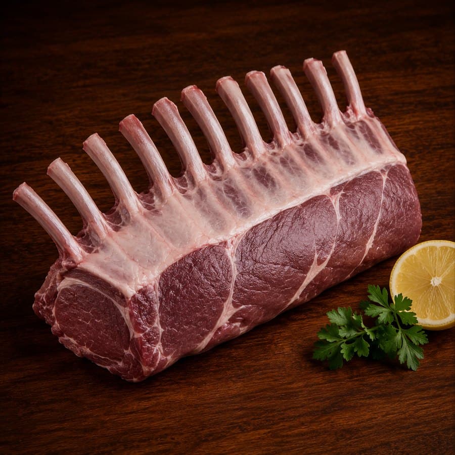 French-trimmed halal rack of lamb with the rib bones exposed